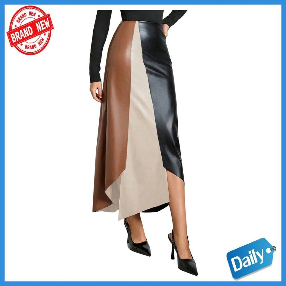 High Waisted Asymmetrical Faux Leather Skirt Long Fit Flare Work Wear